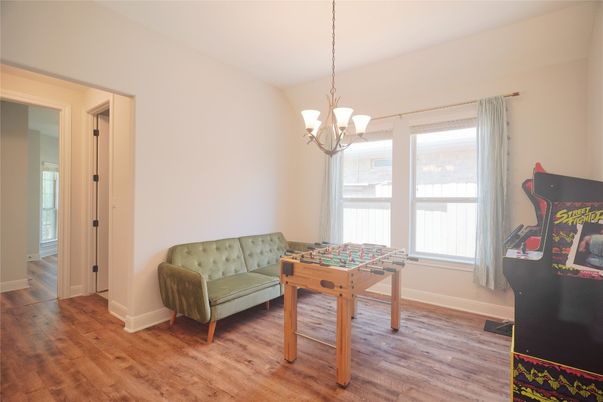 Chandelier, Game Room, Interior, Wood Texture Flooring