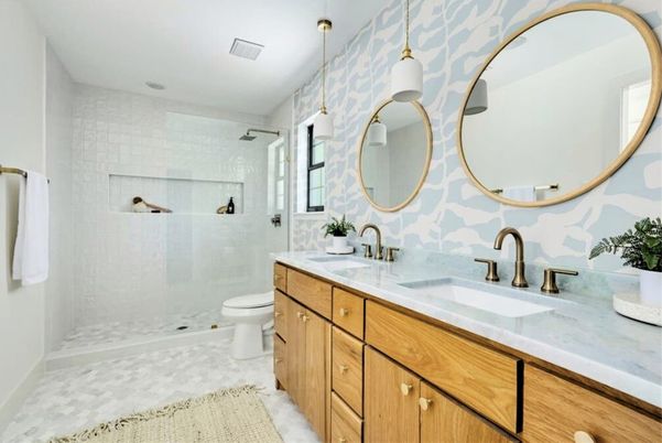 Bathroom, Dual Sink Vanities, Glass Shower, Interior, Pendant Lights, Recessed Lighting