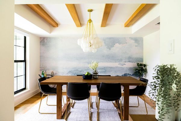 Dining room, Interior, Pendant Lights, Wooden Beams, Wood Texture Flooring