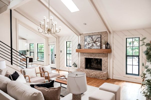 Chandelier, Fireplace, Interior, Living room, Stone Walls, Wood Texture Flooring