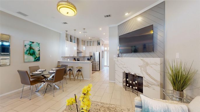 Dining room, Fireplace, Interior, Kitchen, Pendant Lights, Recessed Lighting, Stainless Steel Appliances