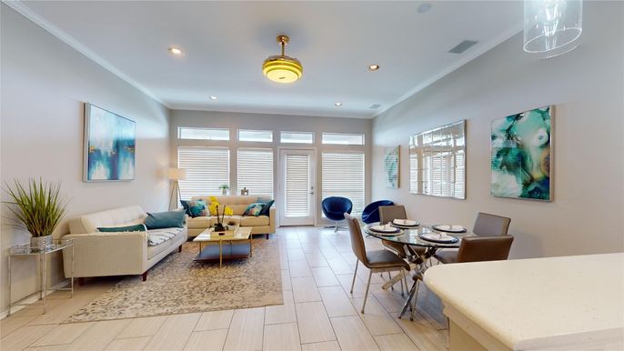 Dining room, Interior, Living room, Recessed Lighting, Wood Texture Flooring