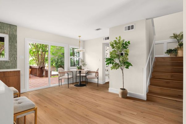Dining room, Interior, Pendant Lights, Wood Texture Flooring