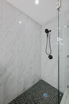 Bathroom, Glass Shower, Interior, Marble Walls, Recessed Lighting