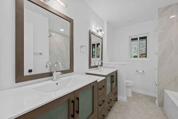 Bathroom, Dual Sink Vanities, Interior, Marble Walls, Recessed Lighting