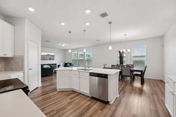Dining room, Interior, Kitchen, Living room, Pendant Lights, Recessed Lighting, Wood Texture Flooring