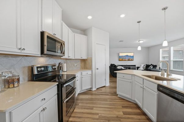 Interior, Kitchen, Pendant Lights, Recessed Lighting, Stainless Steel Appliances, Wood Texture Flooring