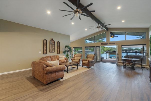 Dining room, Interior, Living room, Recessed Lighting, Wood Texture Flooring