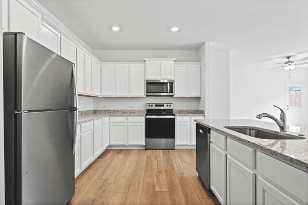 Interior, Kitchen, Recessed Lighting, Stainless Steel Appliances, Wood Texture Flooring