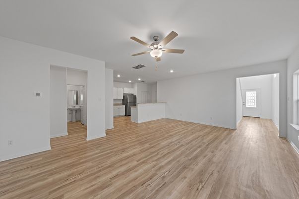 Empty room, Interior, Kitchen, Recessed Lighting, Wood Texture Flooring