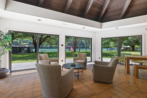 Interior, Living room, Recessed Lighting, Sun Room, Water, Wooden Ceilings