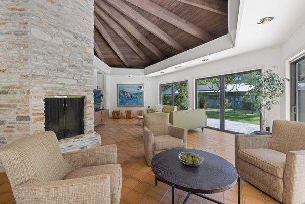 Fireplace, Interior, Living room, Recessed Lighting, Stone Walls, Wooden Beams, Wooden Ceilings