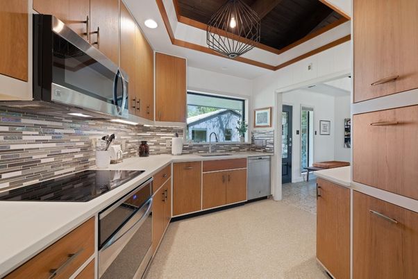 Interior, Kitchen, Pendant Lights, Recessed Lighting, Stainless Steel Appliances, Wooden Ceilings