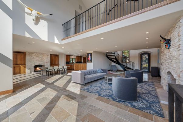 Dining room, Fireplace, Interior, Living room, Recessed Lighting, Stone Walls