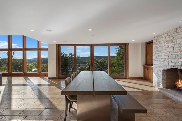 Dining room, Fireplace, Interior, Recessed Lighting, Stone Walls