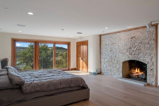 Bedroom, Fireplace, Interior, Recessed Lighting, Wood Texture Flooring