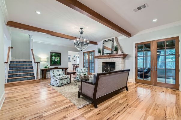 Chandelier, Fireplace, Interior, Living room, Recessed Lighting, Wooden Beams, Wood Texture Flooring