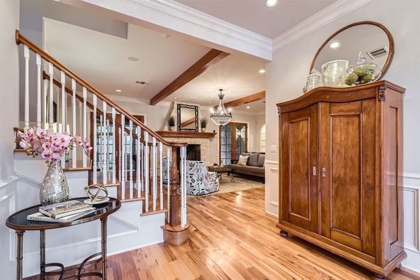 Chandelier, Fireplace, Interior, Recessed Lighting, Wooden Beams, Wood Texture Flooring