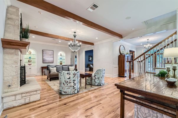 Chandelier, Dining room, Fireplace, Interior, Living room, Recessed Lighting, Wooden Beams, Wood Texture Flooring