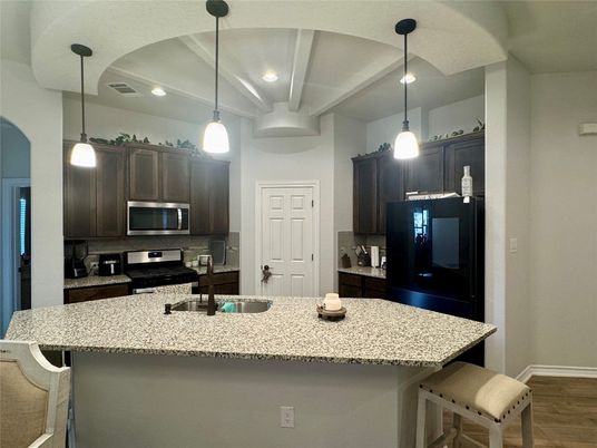 Interior, Kitchen, Pendant Lights, Recessed Lighting, Stainless Steel Appliances, Wood Texture Flooring