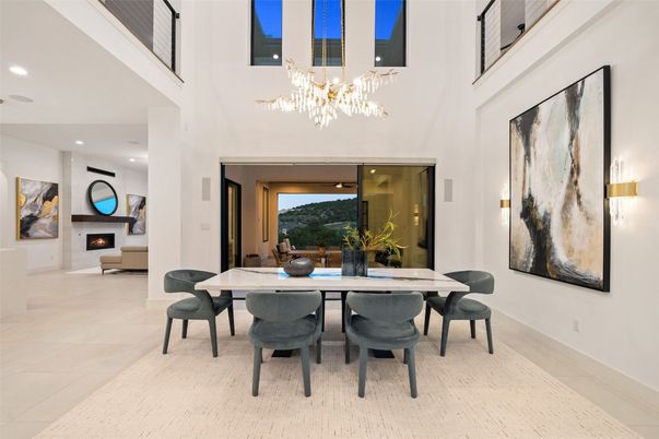 Chandelier, Dining room, Fireplace, Interior, Recessed Lighting