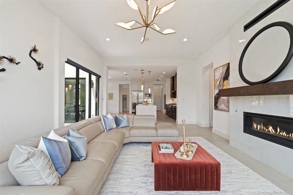 Fireplace, Interior, Kitchen, Living room, Pendant Lights, Recessed Lighting