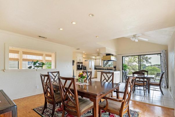 Dining room, Interior, Kitchen, Recessed Lighting, Stainless Steel Appliances, Wood Texture Flooring