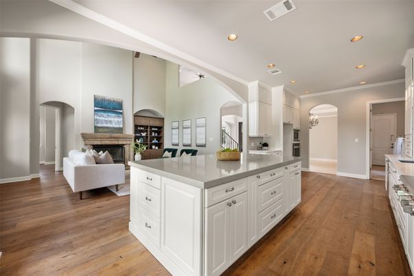 Fireplace, Interior, Kitchen, Living room, Recessed Lighting, Wood Texture Flooring