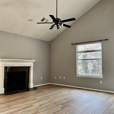 Empty room, Fireplace, Interior, Recessed Lighting, Wood Texture Flooring