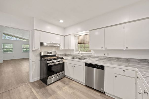 Interior, Kitchen, Recessed Lighting, Stainless Steel Appliances, Wood Texture Flooring