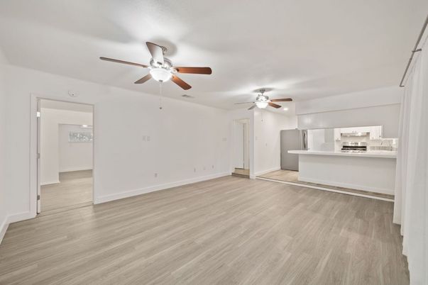 Empty room, Interior, Kitchen, Recessed Lighting, Wood Texture Flooring