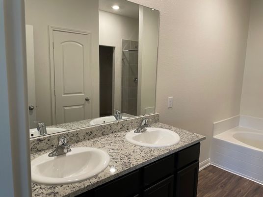 Bathroom, Dual Sink Vanities, Interior, Recessed Lighting, Wood Texture Flooring