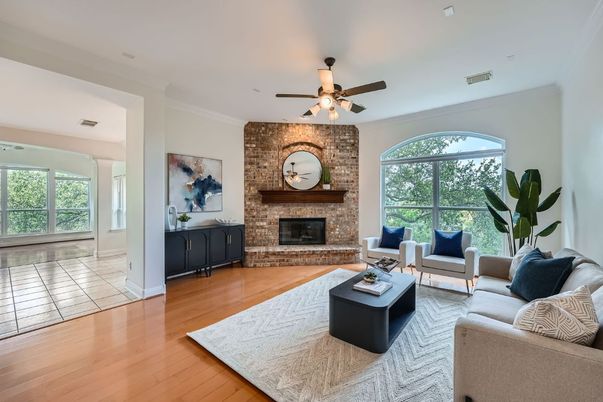 Fireplace, Interior, Living room, Stone Walls, Wood Texture Flooring