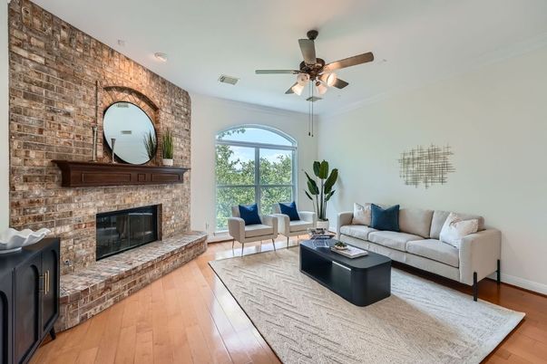 Fireplace, Interior, Living room, Recessed Lighting, Stone Walls, Wood Texture Flooring
