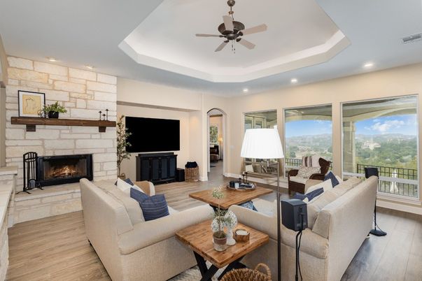 Fireplace, Interior, Living room, Recessed Lighting, Stone Walls, Wood Texture Flooring