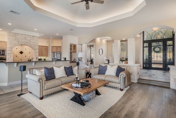 Interior, Kitchen, Living room, Recessed Lighting, Stone Walls, Wood Texture Flooring