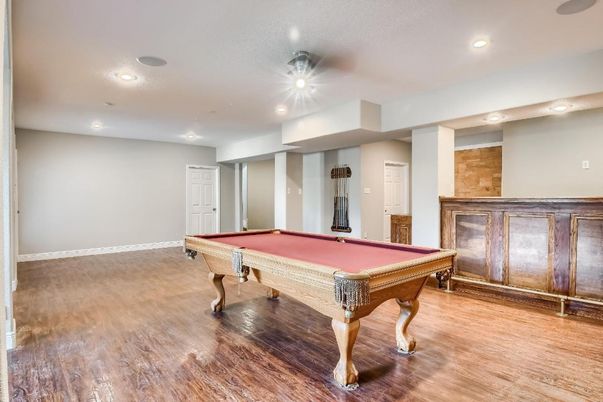 Billiard Table, Game Room, Interior, Recessed Lighting, Wood Texture Flooring