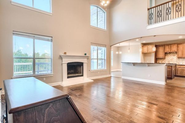 Fireplace, Interior, Kitchen, Pendant Lights, Wood Texture Flooring