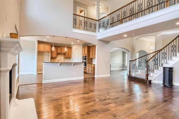 Fireplace, Interior, Kitchen, Pendant Lights, Recessed Lighting, Wood Texture Flooring