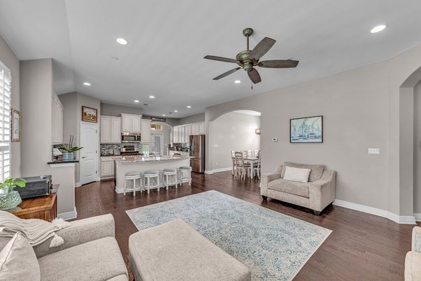 Dining room, Interior, Kitchen, Living room, Recessed Lighting, Stainless Steel Appliances, Wood Texture Flooring