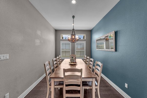 Dining room, Interior, Pendant Lights, Recessed Lighting, Wood Texture Flooring