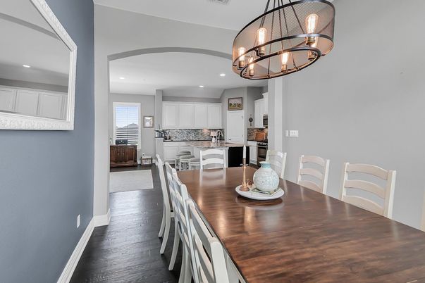 Chandelier, Dining room, Interior, Kitchen, Recessed Lighting, Wood Texture Flooring