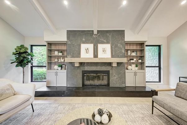 Fireplace, Interior, Recessed Lighting, Wood Texture Flooring