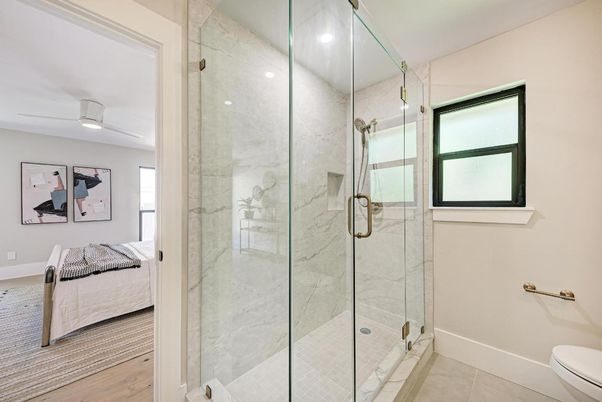 Bathroom, Bedroom, Glass Shower, Interior, Marble Walls, Recessed Lighting, Wood Texture Flooring