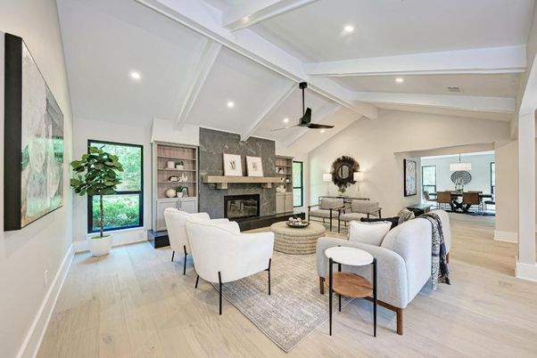 Dining room, Fireplace, Interior, Living room, Pendant Lights, Recessed Lighting, Wood Texture Flooring