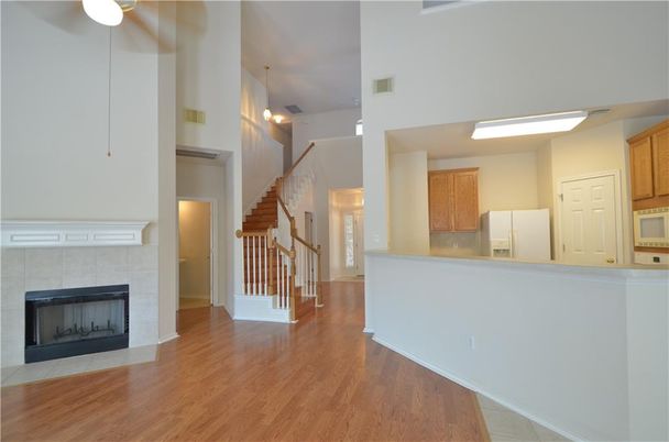 Fireplace, Interior, Kitchen, Pendant Lights, Wood Texture Flooring