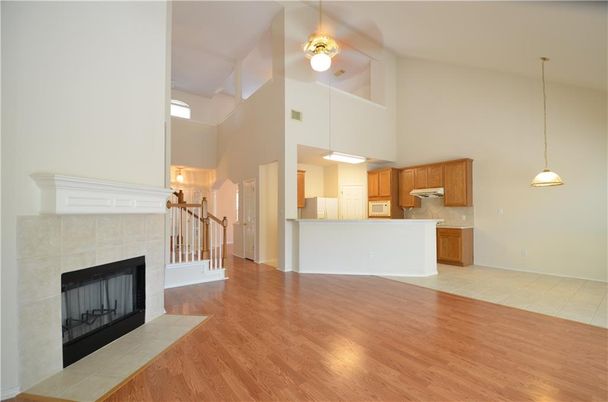 Fireplace, Interior, Kitchen, Pendant Lights, Wood Texture Flooring