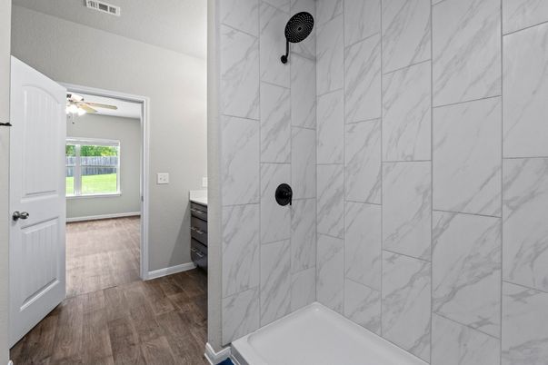 Bathroom, Interior, Marble Walls, Wood Texture Flooring