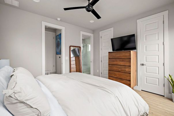 Bedroom, Interior, Recessed Lighting, Wood Texture Flooring