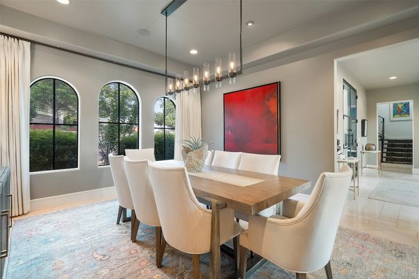 Dining room, Interior, Pendant Lights, Recessed Lighting, Wood Texture Flooring